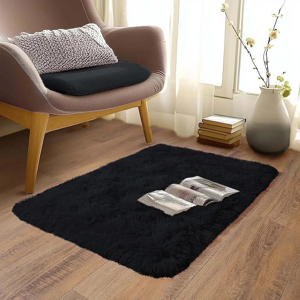 Small Black Area Rug - Soft Plush Children's Bedroom Bedside Rug, Indoor Entrance Welcome Mat, Home Decoration Accessory