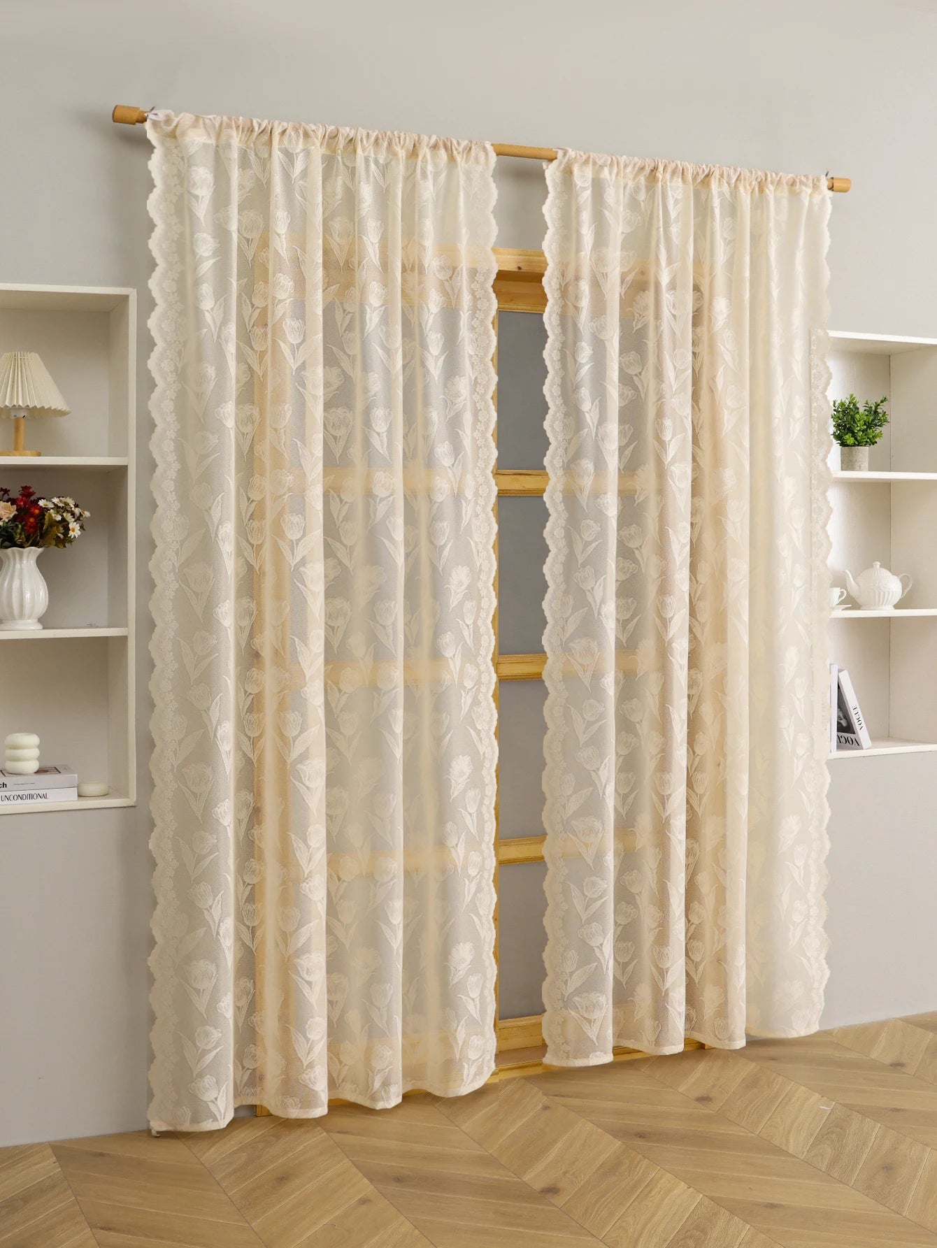 78 Inch Country Style Small Tulip Curtains Cream Color for Living Room Bedroom Balcony Decorative Drapes Gauze Material