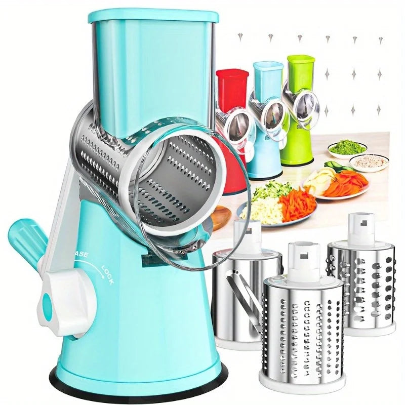 3-in-1 Rotary Cheese Grater & Vegetable Slicer - Food-Safe Plastic Kitchen Tool for Effortless Grating, Slicing - Easy Clean